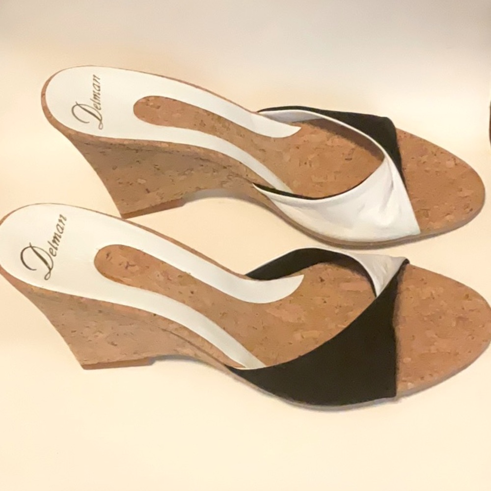 Delman Black/White Chic Cork Wedge Slides